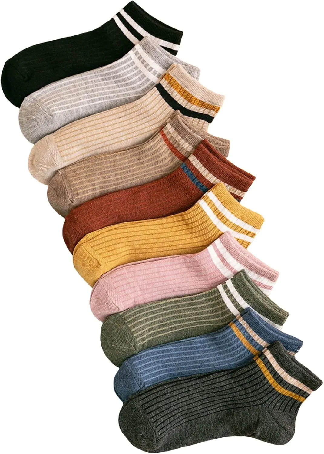 OYOANGLE Women's 10 Pairs Vintage Striped Ankle Socks Athletic Sport Casual Crew Socks