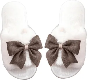 OYOANGLE Women's Cute Bow Decor Fuzzy Open Toe Indoor Home Slippers Fashionable Warm Comfy Furry Outdoor Slippers