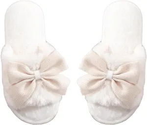 OYOANGLE Women's Cute Bow Decor Fuzzy Open Toe Indoor Home Slippers Fashionable Warm Comfy Furry Outdoor Slippers