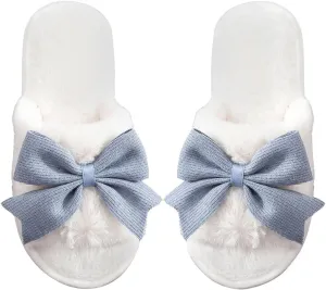 OYOANGLE Women's Cute Bow Decor Fuzzy Open Toe Indoor Home Slippers Fashionable Warm Comfy Furry Outdoor Slippers