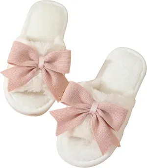 OYOANGLE Women's Cute Bow Decor Fuzzy Open Toe Indoor Home Slippers Fashionable Warm Comfy Furry Outdoor Slippers