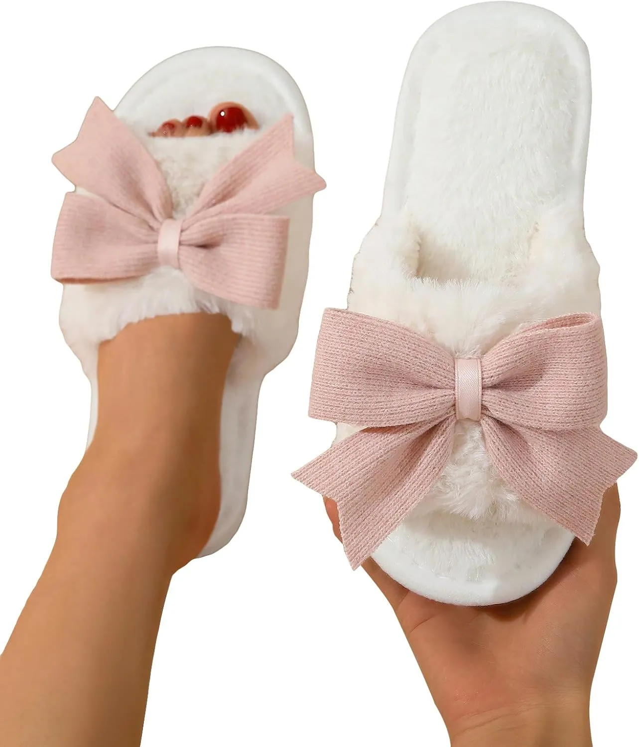 OYOANGLE Women's Cute Bow Decor Fuzzy Open Toe Indoor Home Slippers Fashionable Warm Comfy Furry Outdoor Slippers