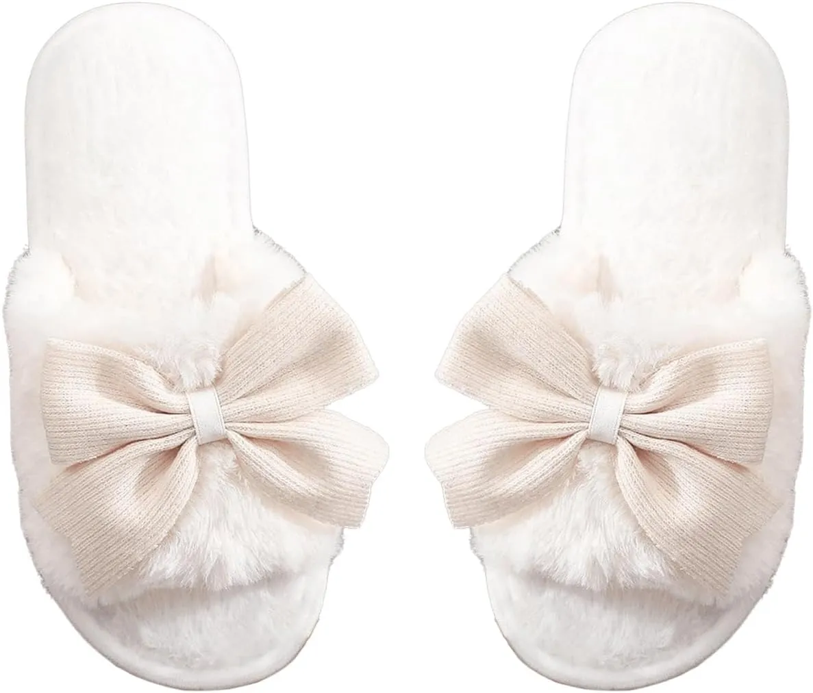 OYOANGLE Women's Cute Bow Decor Fuzzy Open Toe Indoor Home Slippers Fashionable Warm Comfy Furry Outdoor Slippers