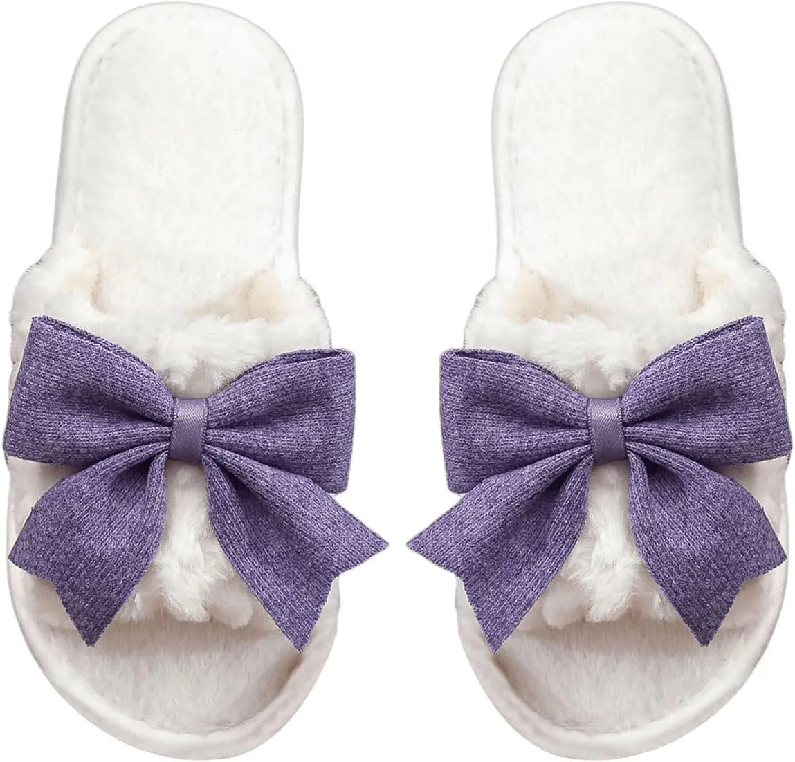 OYOANGLE Women's Cute Bow Decor Fuzzy Open Toe Indoor Home Slippers Fashionable Warm Comfy Furry Outdoor Slippers