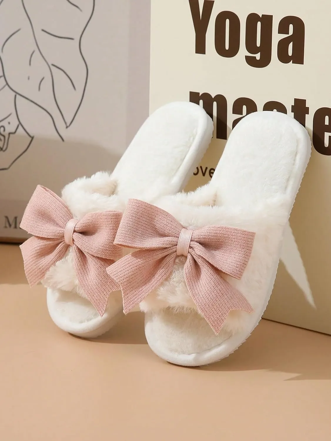 OYOANGLE Women's Cute Bow Decor Fuzzy Open Toe Indoor Home Slippers Fashionable Warm Comfy Furry Outdoor Slippers