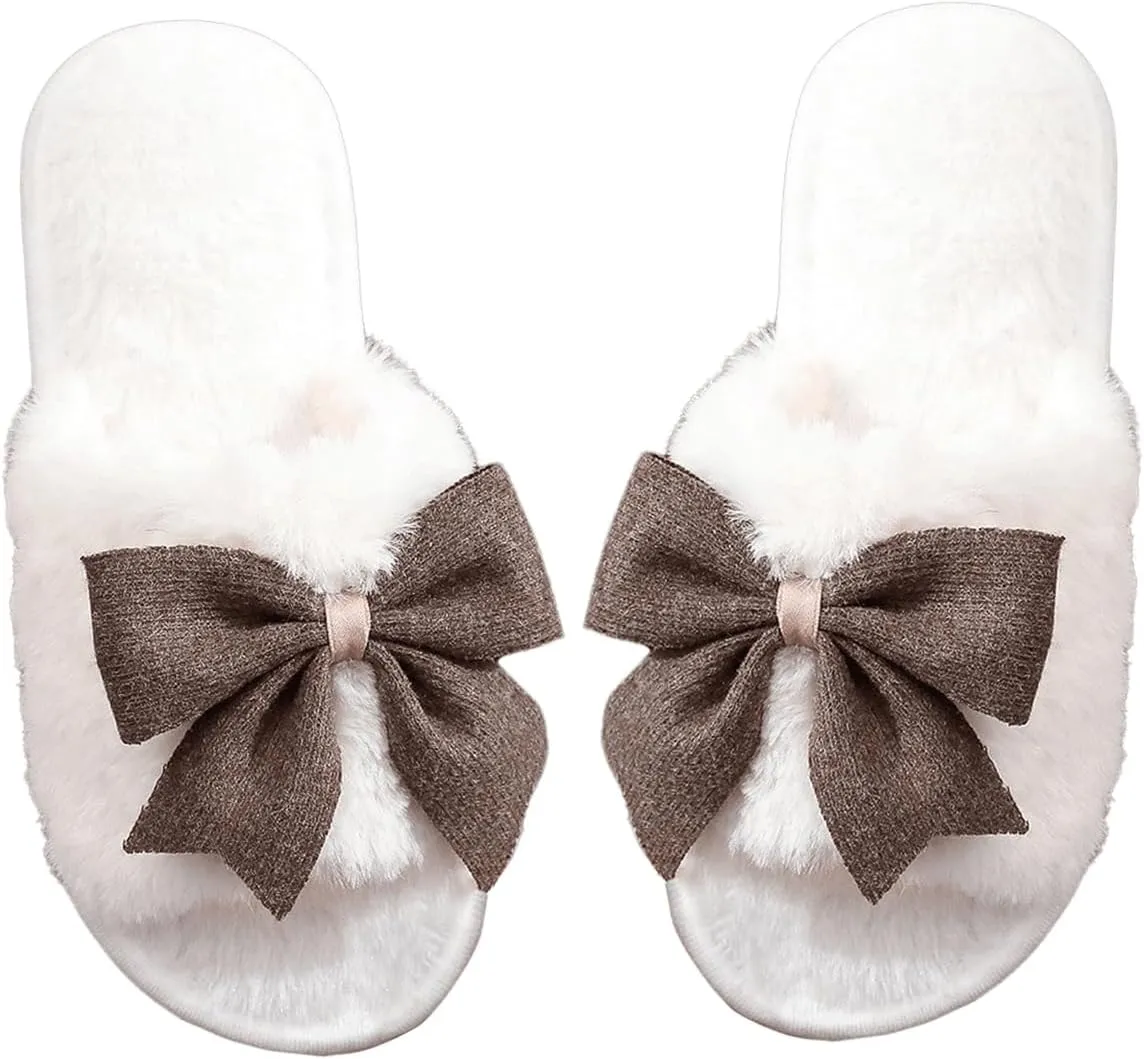 OYOANGLE Women's Cute Bow Decor Fuzzy Open Toe Indoor Home Slippers Fashionable Warm Comfy Furry Outdoor Slippers