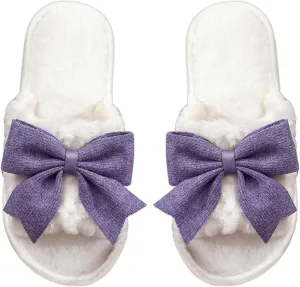 OYOANGLE Women's Cute Bow Decor Fuzzy Open Toe Indoor Home Slippers Fashionable Warm Comfy Furry Outdoor Slippers