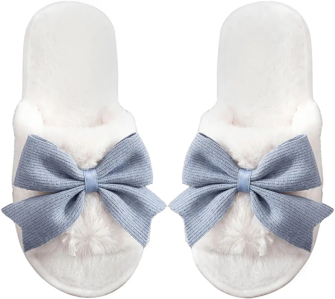 OYOANGLE Women's Cute Bow Decor Fuzzy Open Toe Indoor Home Slippers Fashionable Warm Comfy Furry Outdoor Slippers