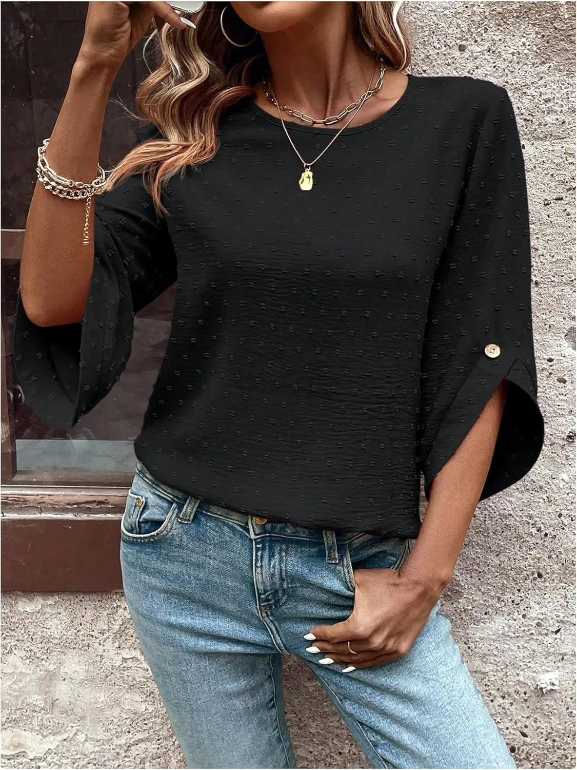 OYOANGLE Women's Dressy Casual Tops Swiss Dots Short Sleeve Chiffon Blouse Summer Work Shirts