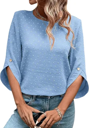 OYOANGLE Women's Dressy Casual Tops Swiss Dots Short Sleeve Chiffon Blouse Summer Work Shirts