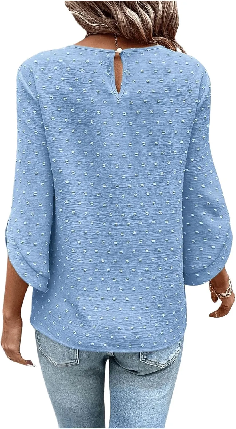OYOANGLE Women's Dressy Casual Tops Swiss Dots Short Sleeve Chiffon Blouse Summer Work Shirts