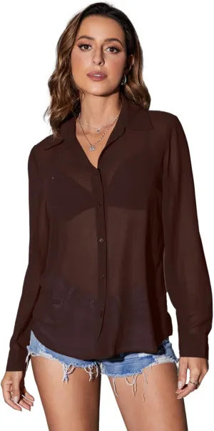 OYOANGLE Women's Mesh Sheer Long Sleeve Shirt See Through Button Down Blouse Top