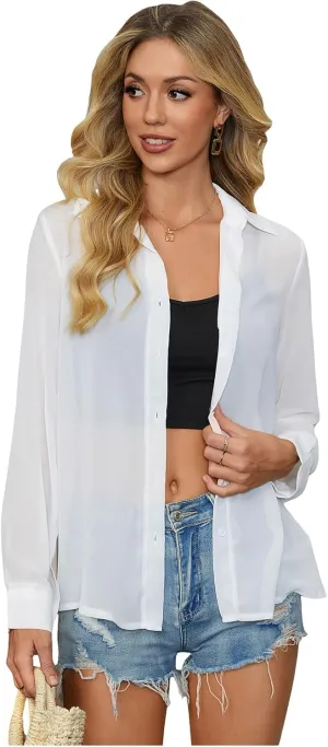 OYOANGLE Women's Mesh Sheer Long Sleeve Shirt See Through Button Down Blouse Top