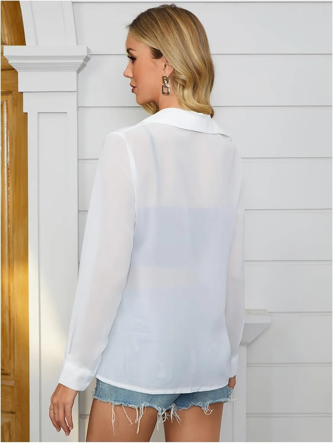 OYOANGLE Women's Mesh Sheer Long Sleeve Shirt See Through Button Down Blouse Top