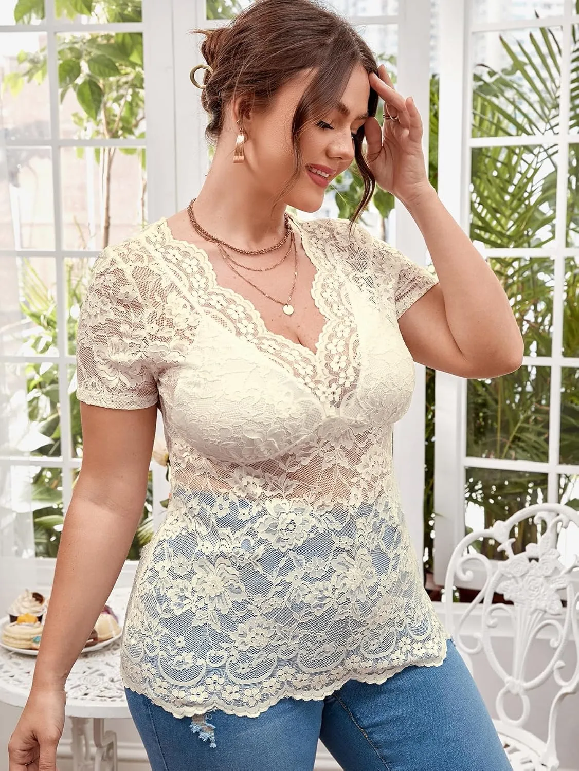 OYOANGLE Women's Plus Size Short Sleeve Floral Lace Blouse Mesh V Neck Slim Tee Shirt Top