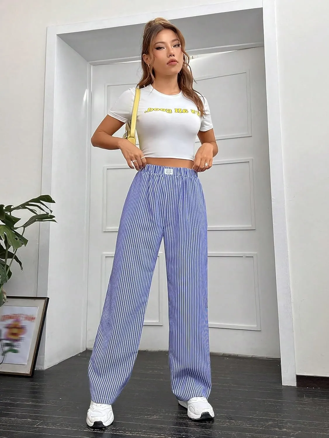 OYOANGLE Women's Straight Wide Leg Trousers Striped Print Letter Patched Detail High Waist Y2K Fashion Pants