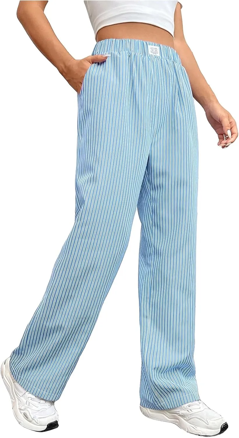OYOANGLE Women's Straight Wide Leg Trousers Striped Print Letter Patched Detail High Waist Y2K Fashion Pants