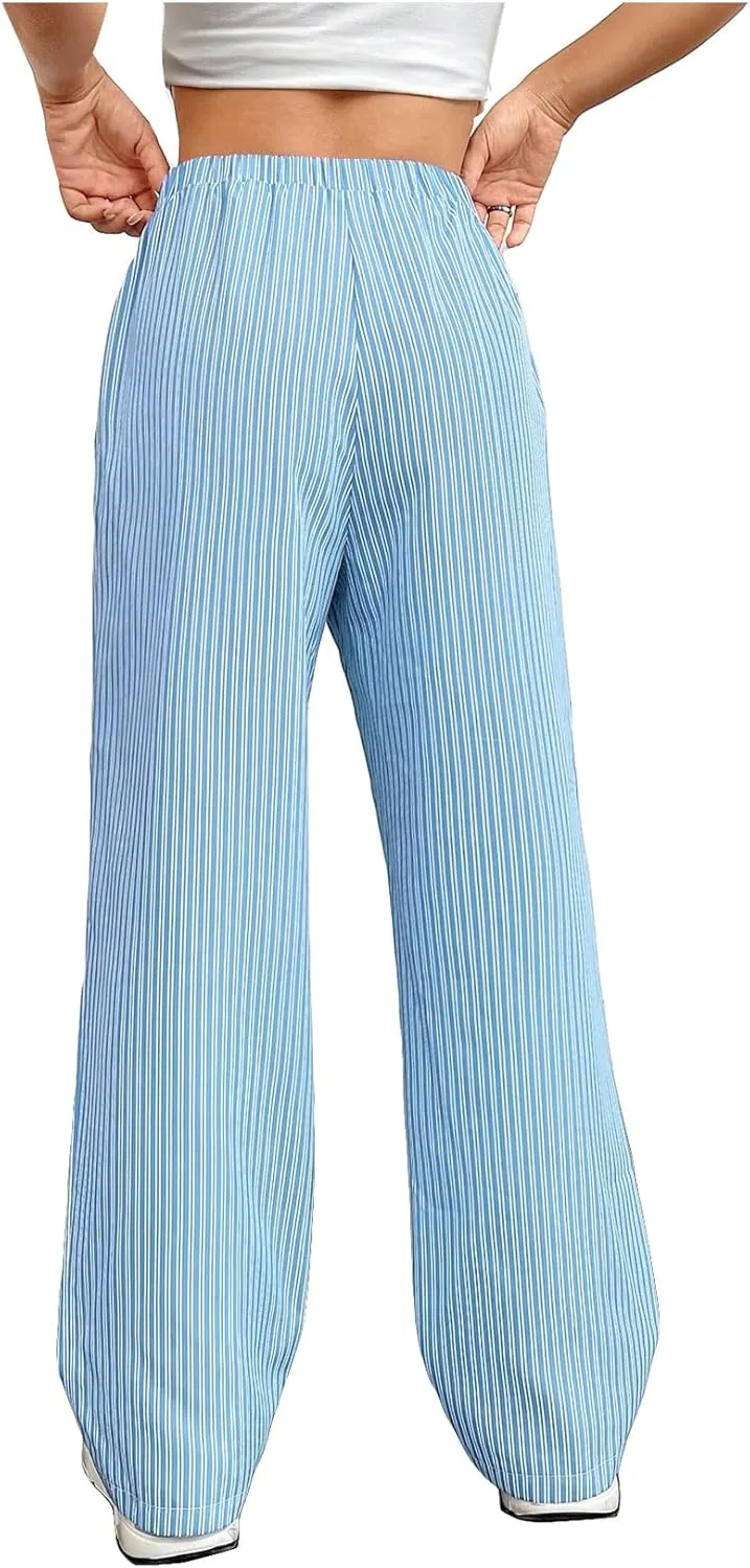 OYOANGLE Women's Straight Wide Leg Trousers Striped Print Letter Patched Detail High Waist Y2K Fashion Pants