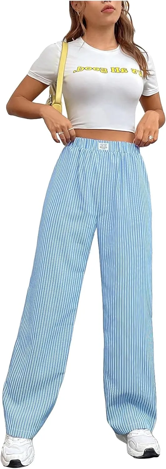 OYOANGLE Women's Straight Wide Leg Trousers Striped Print Letter Patched Detail High Waist Y2K Fashion Pants