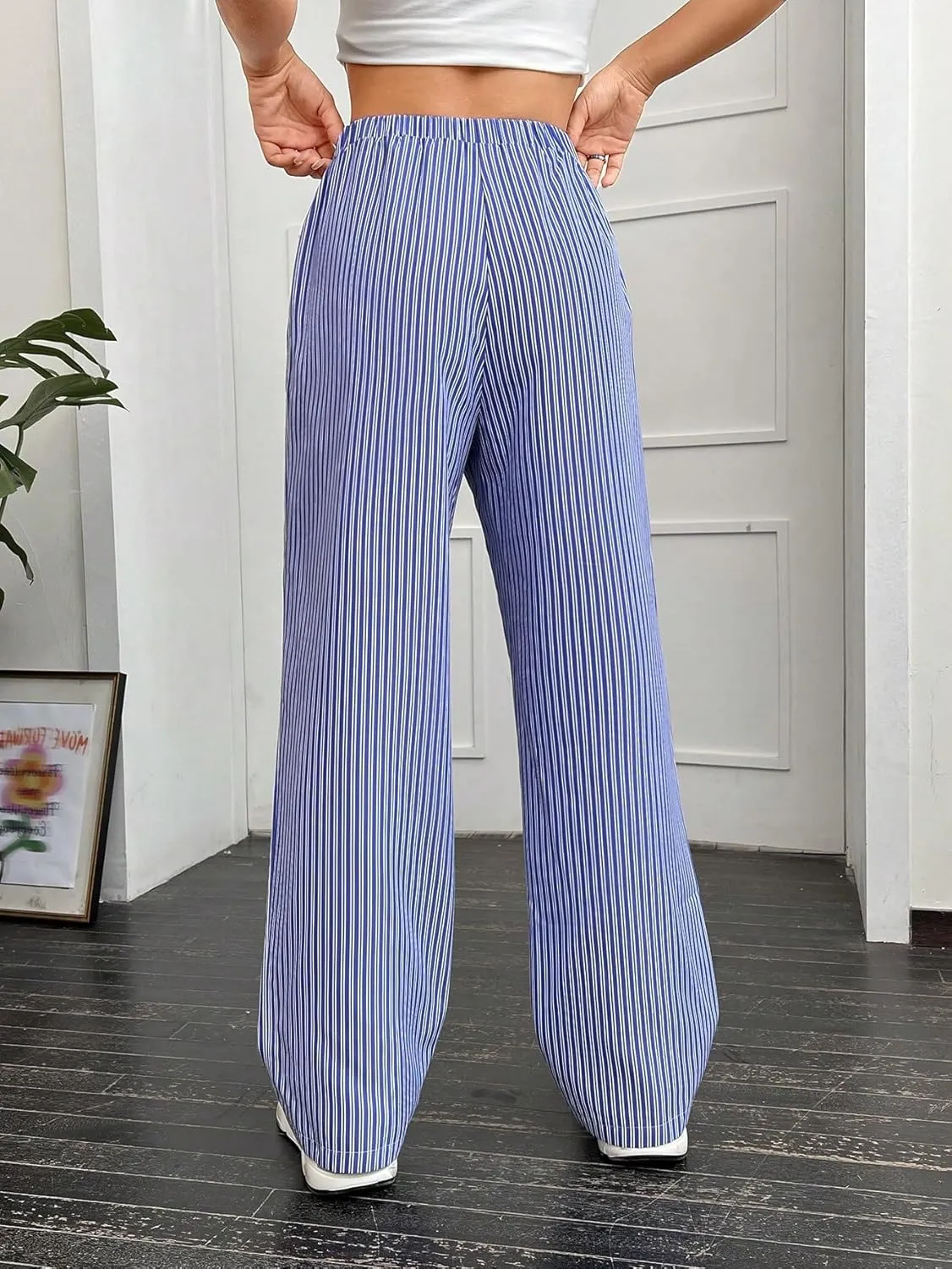 OYOANGLE Women's Straight Wide Leg Trousers Striped Print Letter Patched Detail High Waist Y2K Fashion Pants