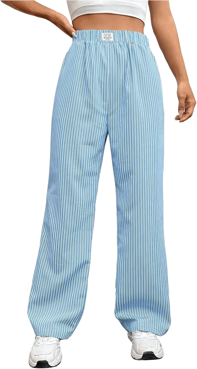 OYOANGLE Women's Straight Wide Leg Trousers Striped Print Letter Patched Detail High Waist Y2K Fashion Pants