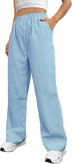 OYOANGLE Women's Straight Wide Leg Trousers Striped Print Letter Patched Detail High Waist Y2K Fashion Pants