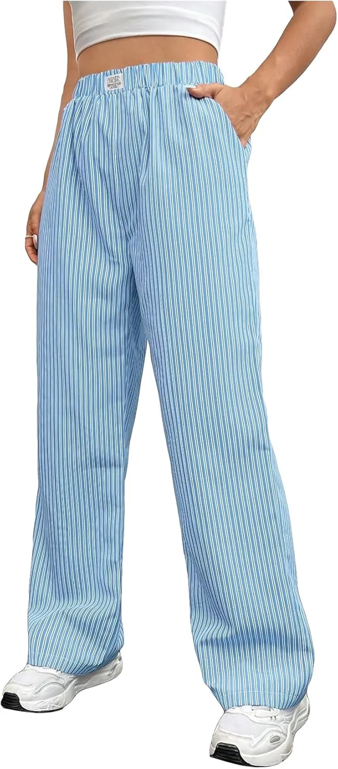OYOANGLE Women's Straight Wide Leg Trousers Striped Print Letter Patched Detail High Waist Y2K Fashion Pants