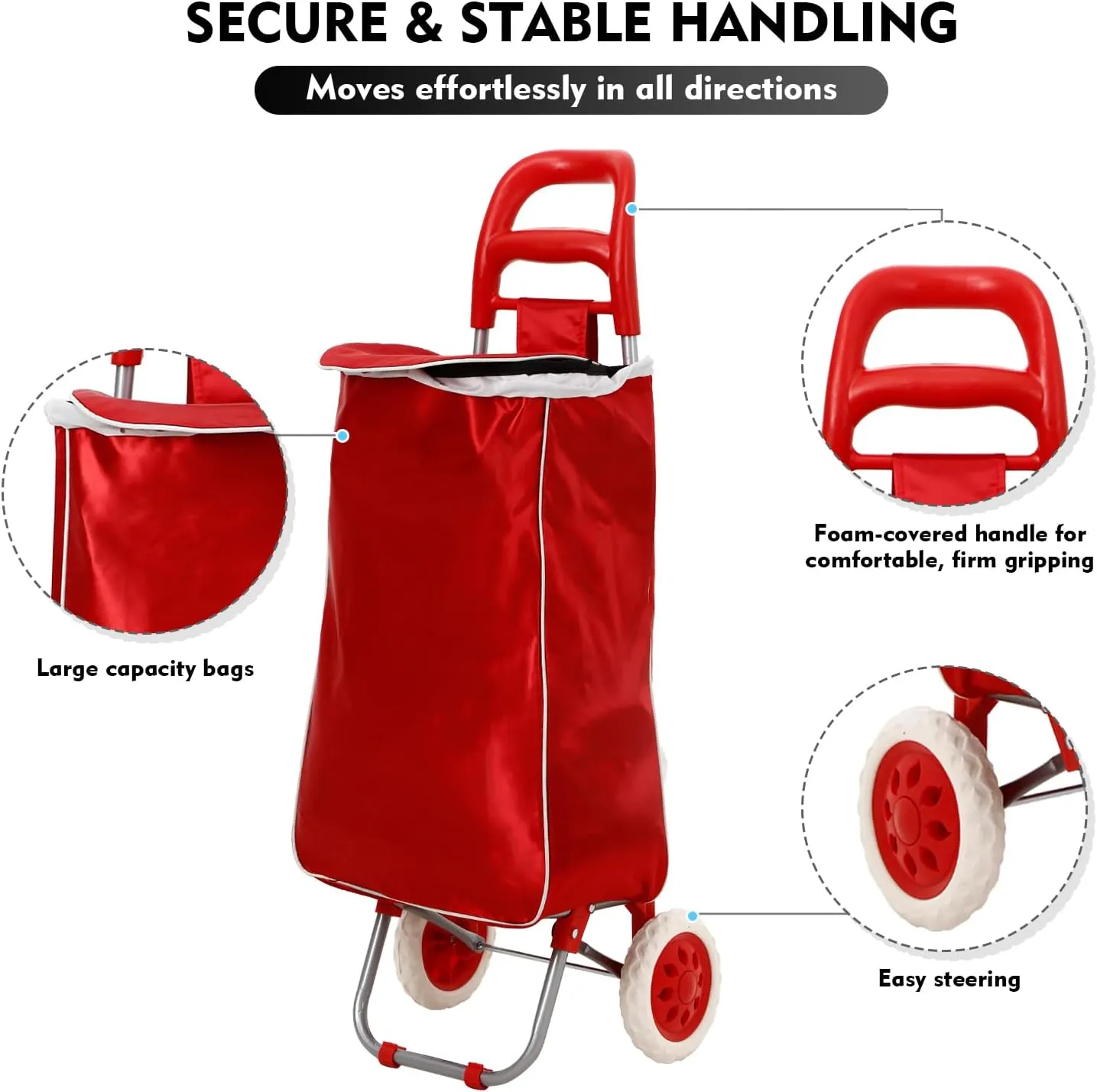 Panana Shopping Truck Folding Grocery Bag 2 Wheels Foldable Cart Hand Truck Storage Carts (Red)