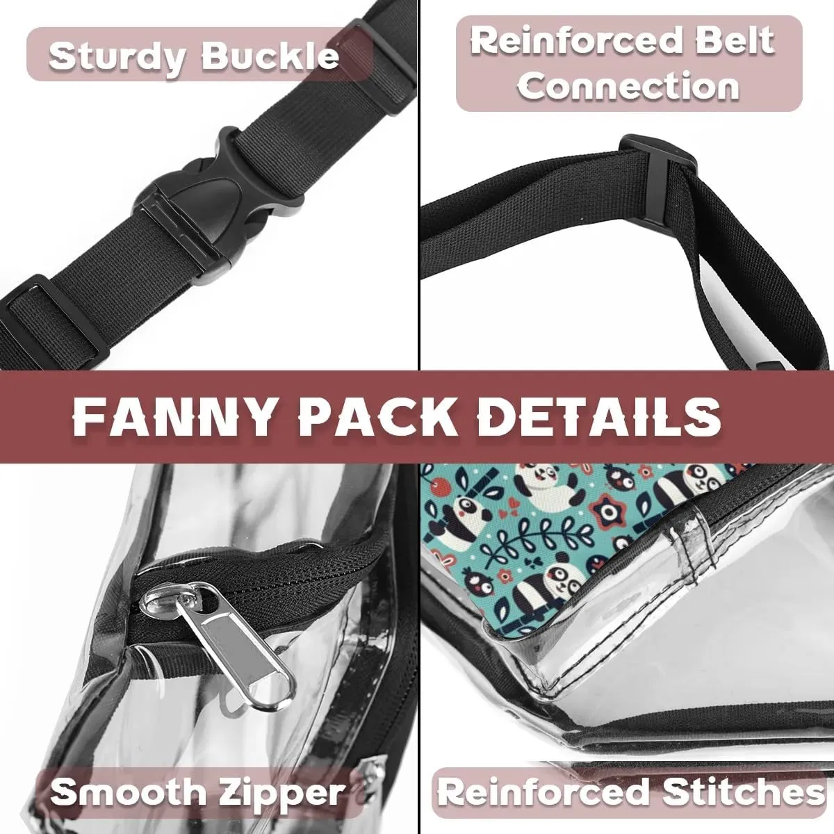 Panda Flower Clear Fanny Pack Stadium Approved Clear Crossbody Belt Bag for Women Men Transparent Waist Bag with Adjustable Strap for Concerts Sports Events Travel