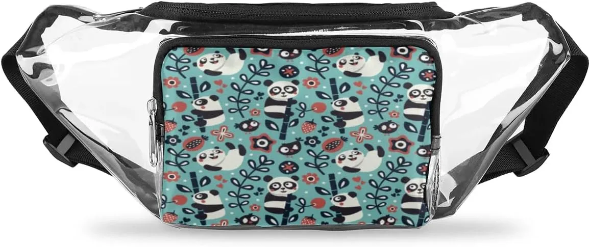 Panda Flower Clear Fanny Pack Stadium Approved Clear Crossbody Belt Bag for Women Men Transparent Waist Bag with Adjustable Strap for Concerts Sports Events Travel