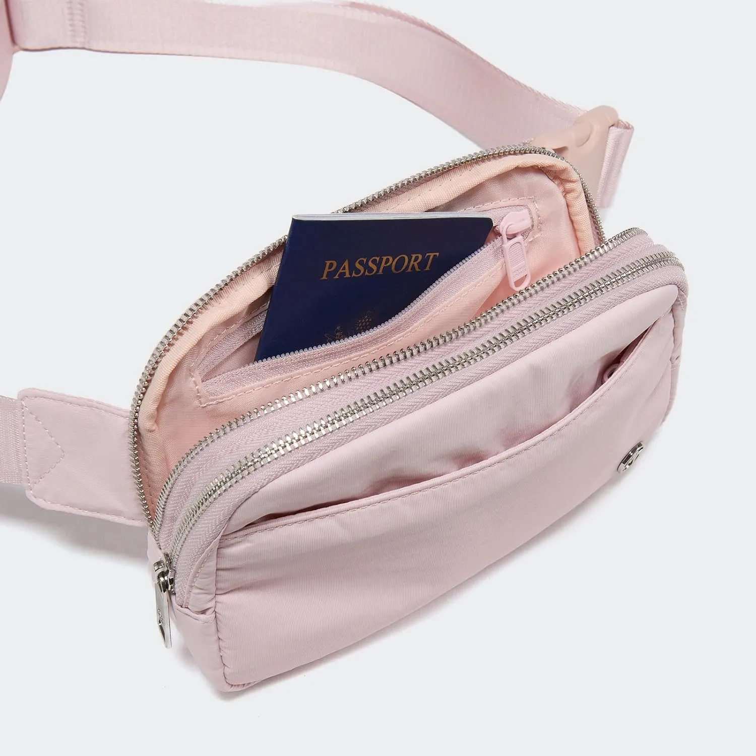 Pander Everywhere Belt Bag for Women, 5 Zipper Pockets Nylon Crossbody Fanny Pack Purse (Pink).