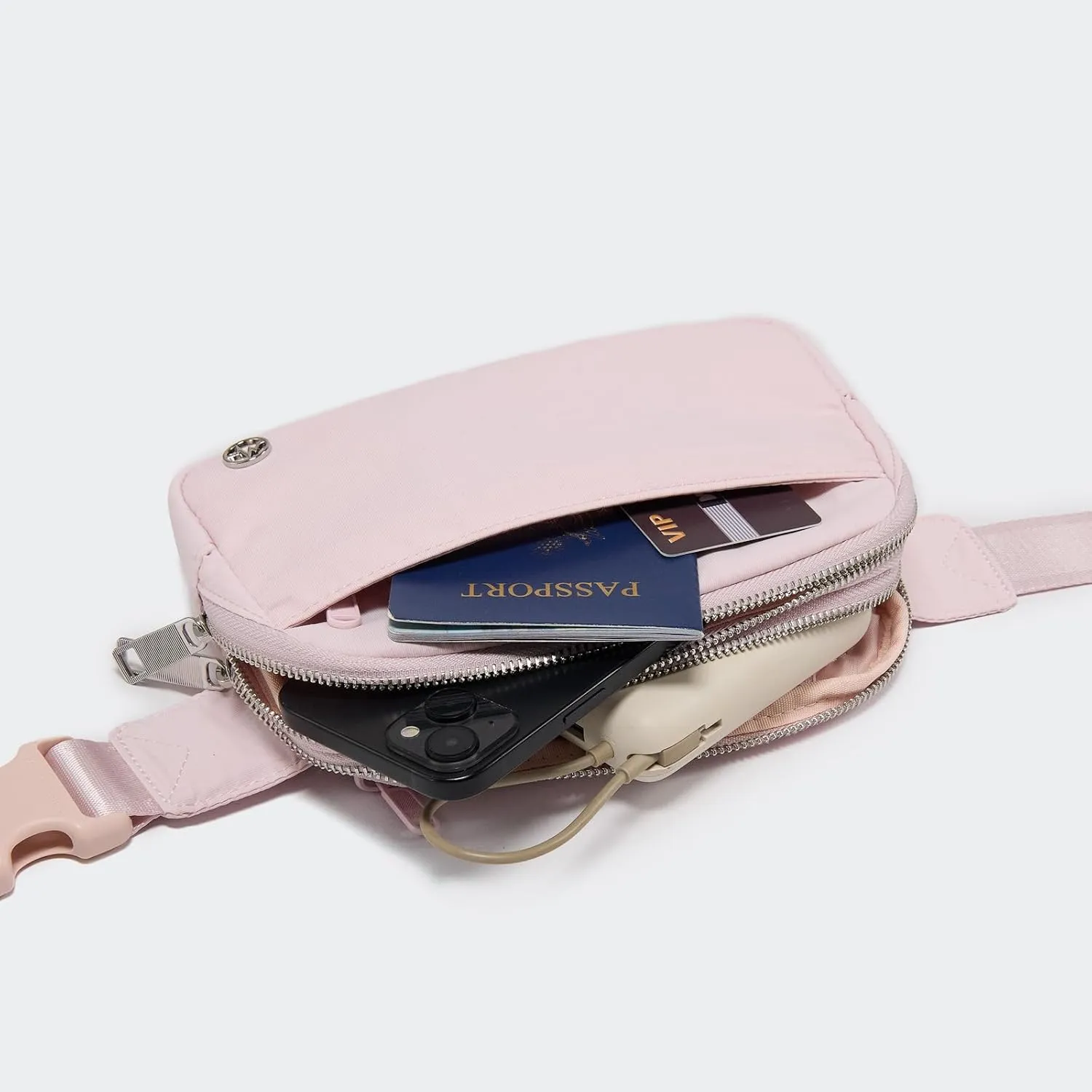 Pander Everywhere Belt Bag for Women, 5 Zipper Pockets Nylon Crossbody Fanny Pack Purse (Pink).