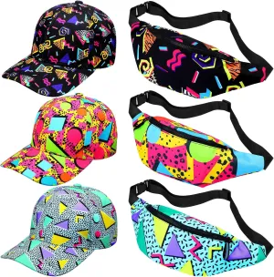 Panitay 6 Pcs 80s 90s Fanny Pack 80s Hats for Men Women 90s Adjustable Waist Bag Retro Casual Outfit Baseball Neon 3D Print Trucker Sun Hat for Rave Travel Party