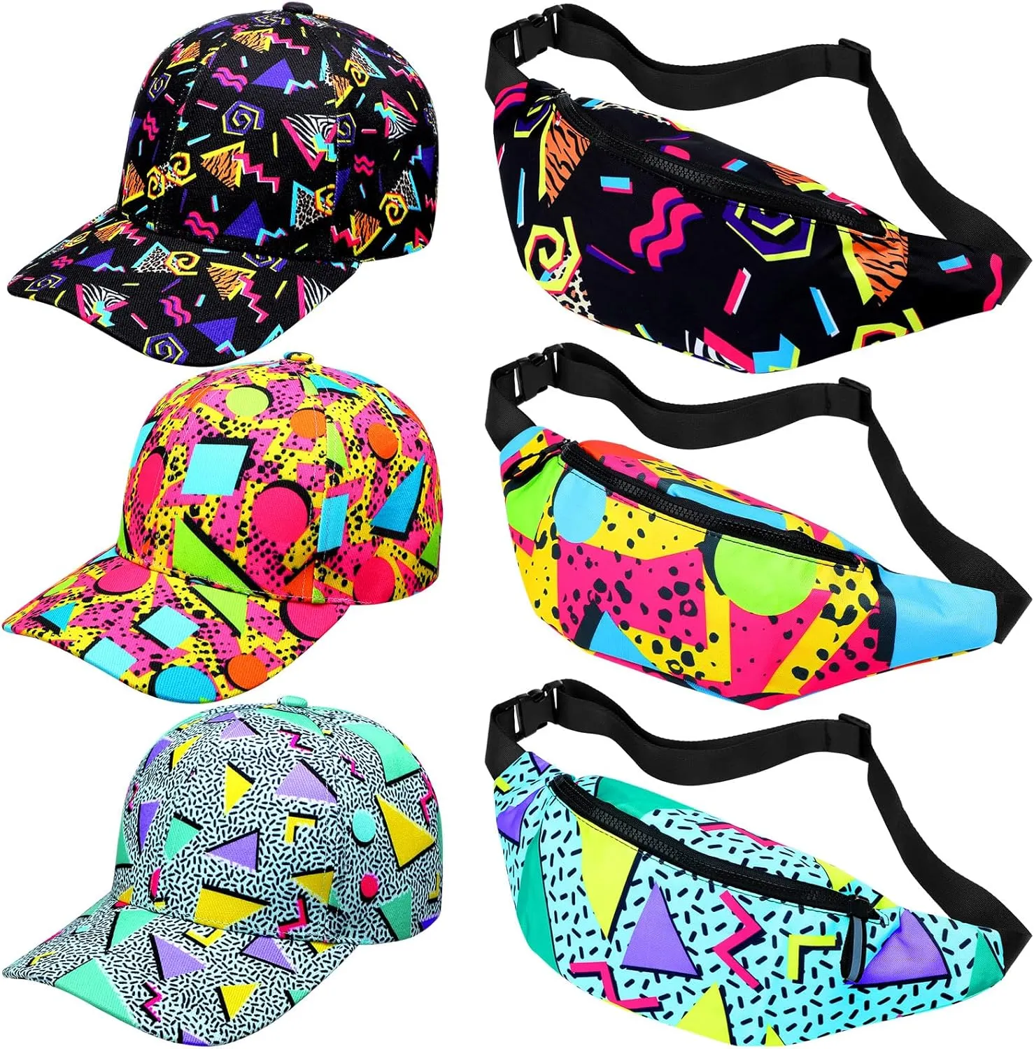 Panitay 6 Pcs 80s 90s Fanny Pack 80s Hats for Men Women 90s Adjustable Waist Bag Retro Casual Outfit Baseball Neon 3D Print Trucker Sun Hat for Rave Travel Party