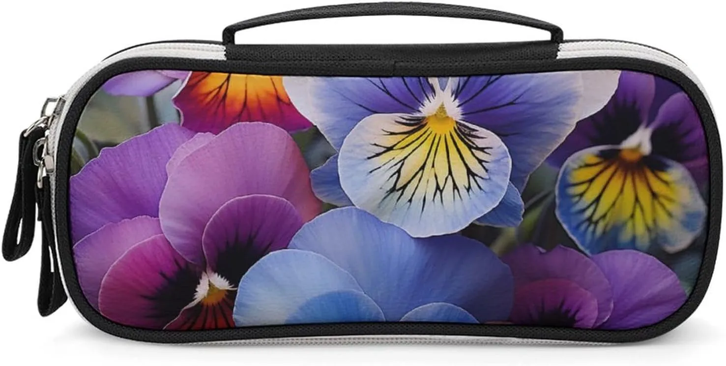 Pansy Perfection Leather Makeup Bag Portable Small Cosmetic Organizer Waterproof Toiletry Bags Brushes Pencils And Travel Make Up Accessories