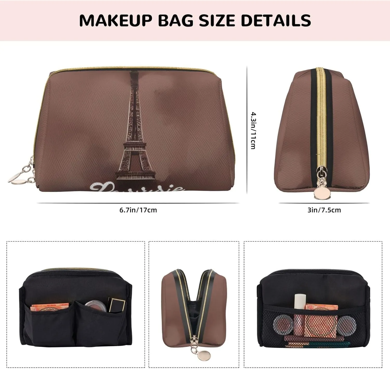 Parisian Coffee Eiffel Tower Travel Toiletry Organizer, Portable Makeup Bag For Women