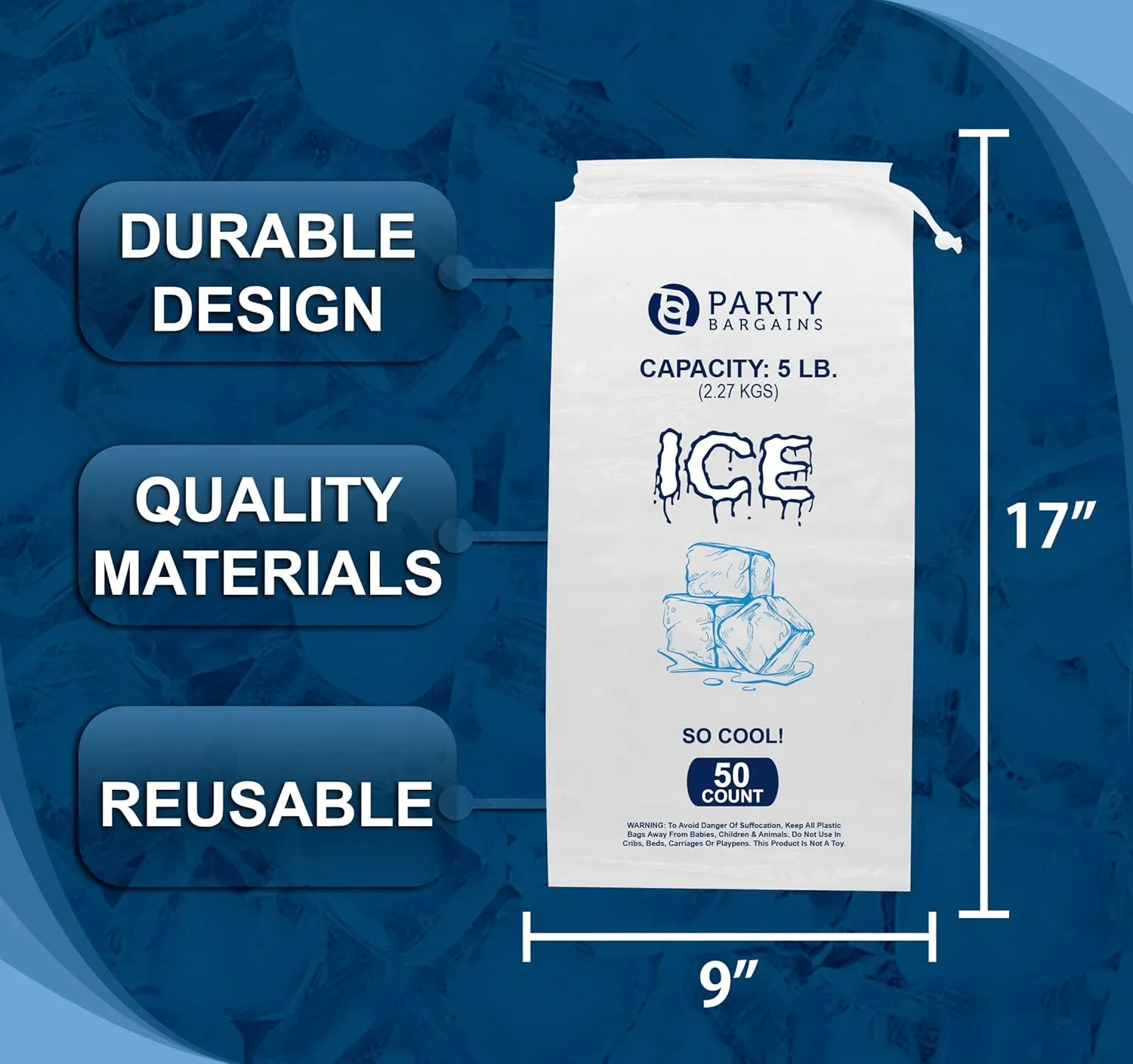 Party Bargains 5 lb Plastic Drawstring Ice Bags 17"x9" (50 Count)