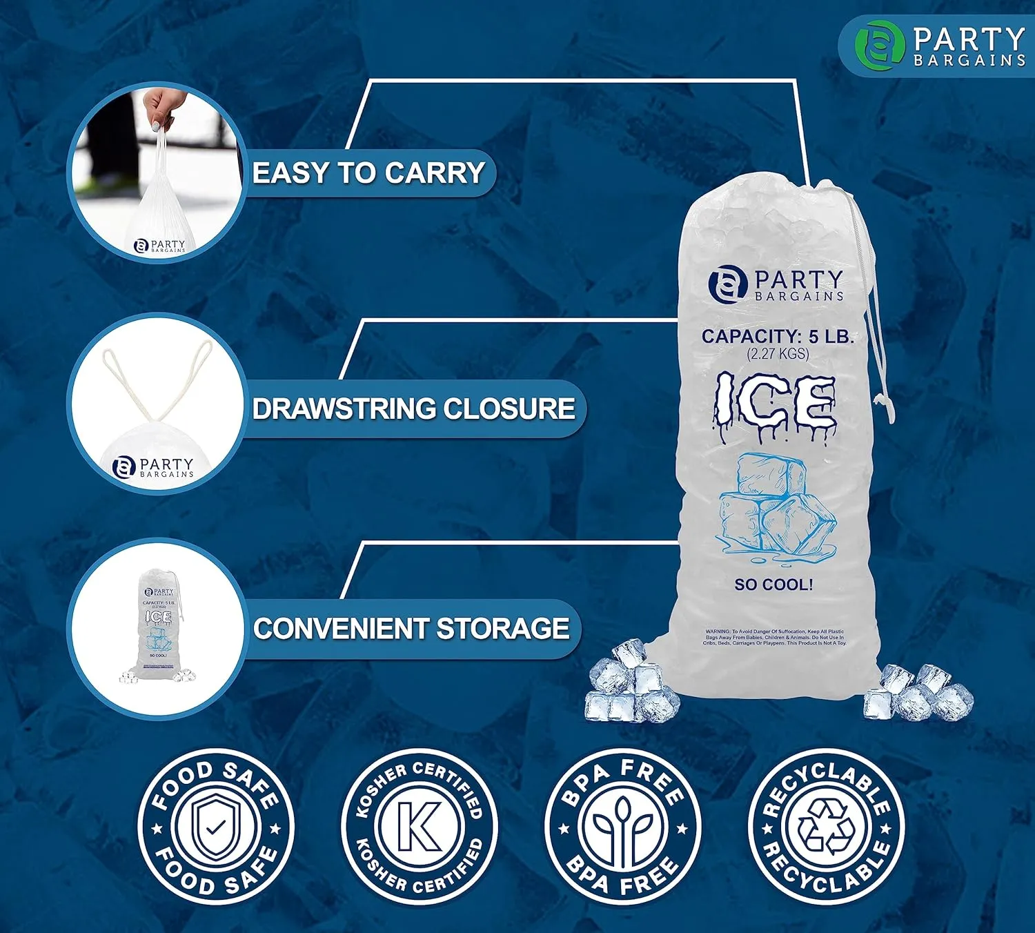 Party Bargains 5 lb Plastic Drawstring Ice Bags 17"x9" (50 Count)