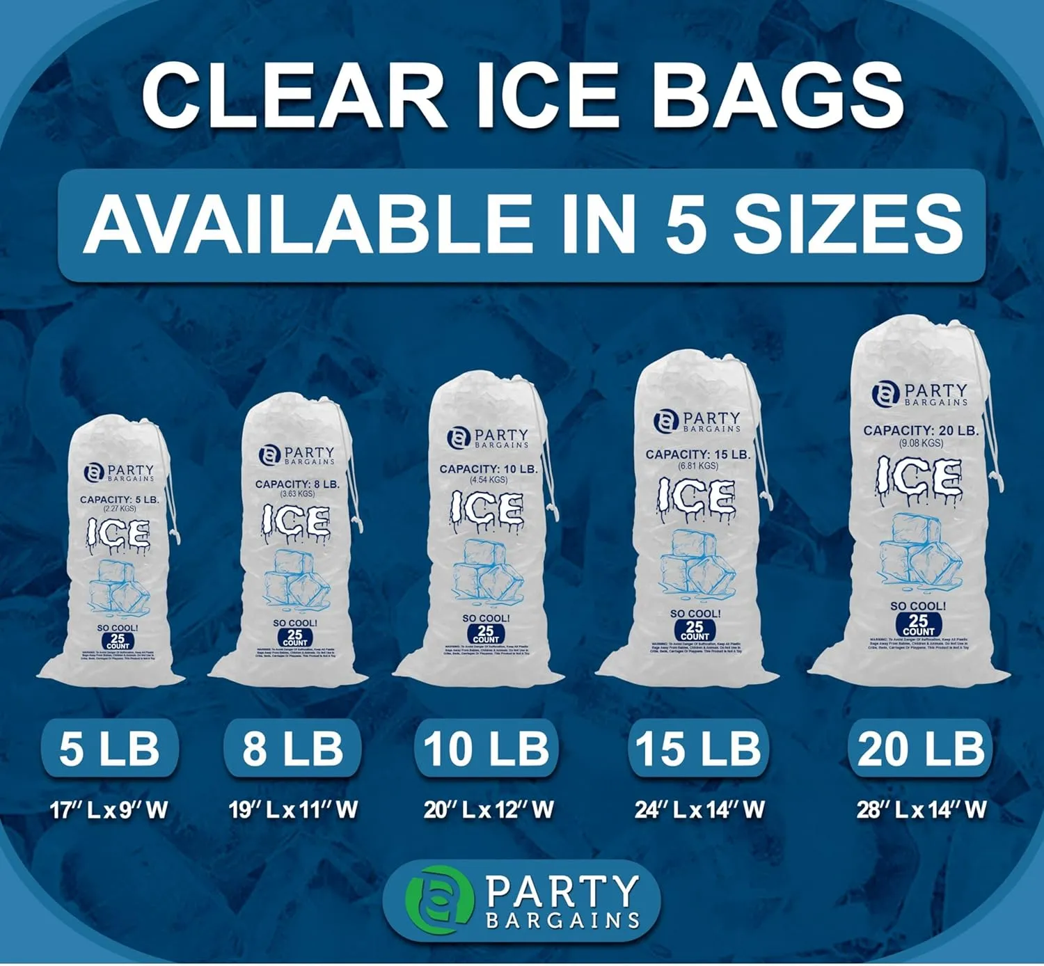 Party Bargains 5 lb Plastic Drawstring Ice Bags 17"x9" (50 Count)