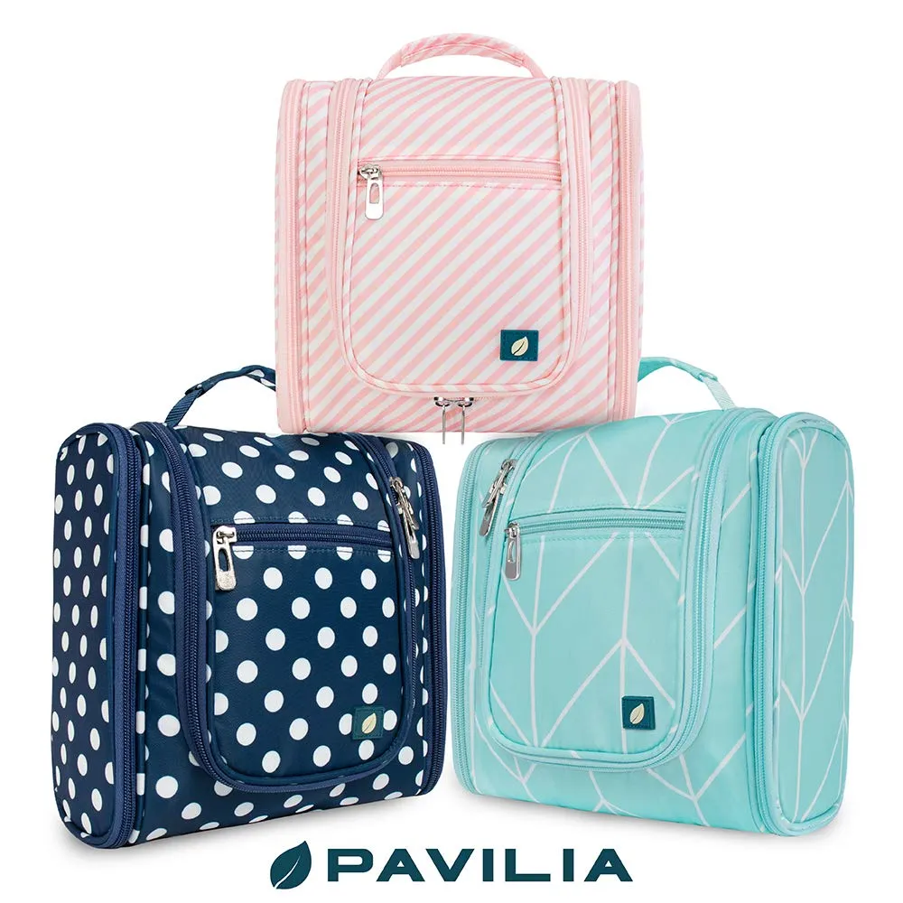 PAVILIA Toiletry Bag Travel Bag for Women Men, Hanging Cosmetic Organizer, Water Resistant Makeup Bag for Accessories Toiletries, Large Travel Essentials Kit (Pink Stripe)