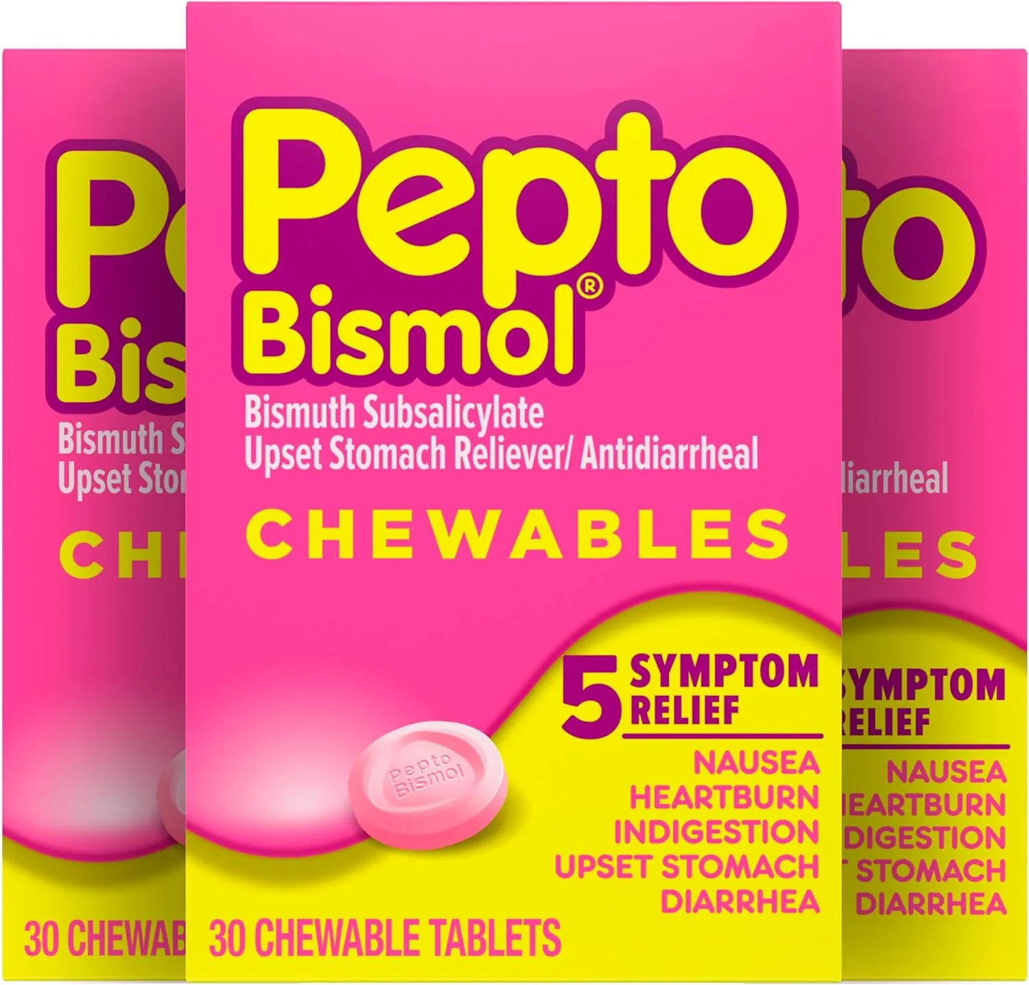 Pepto Bismol Chewable Tablets for Nausea, Heartburn, Indigestion, Upset Stomach, and Diarrhea Relief, Original Flavor, 90 Total (3 Packs of 30)