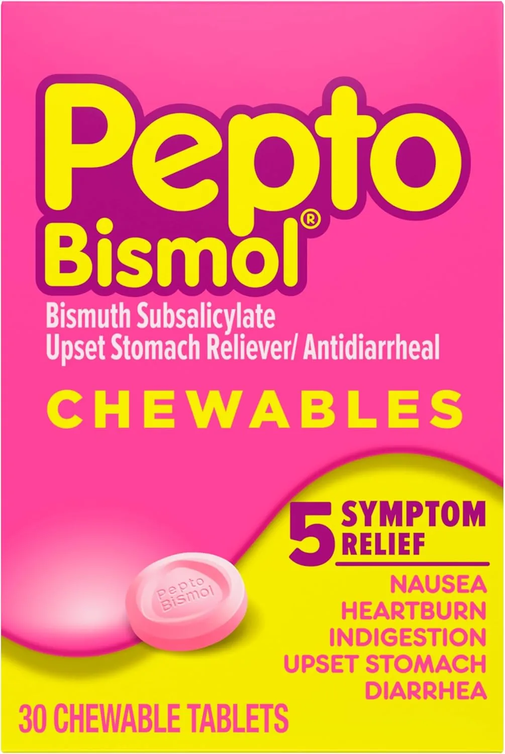 Pepto Bismol Chewable Tablets for Nausea, Heartburn, Indigestion, Upset Stomach, and Diarrhea Relief, Original Flavor, 90 Total (3 Packs of 30)