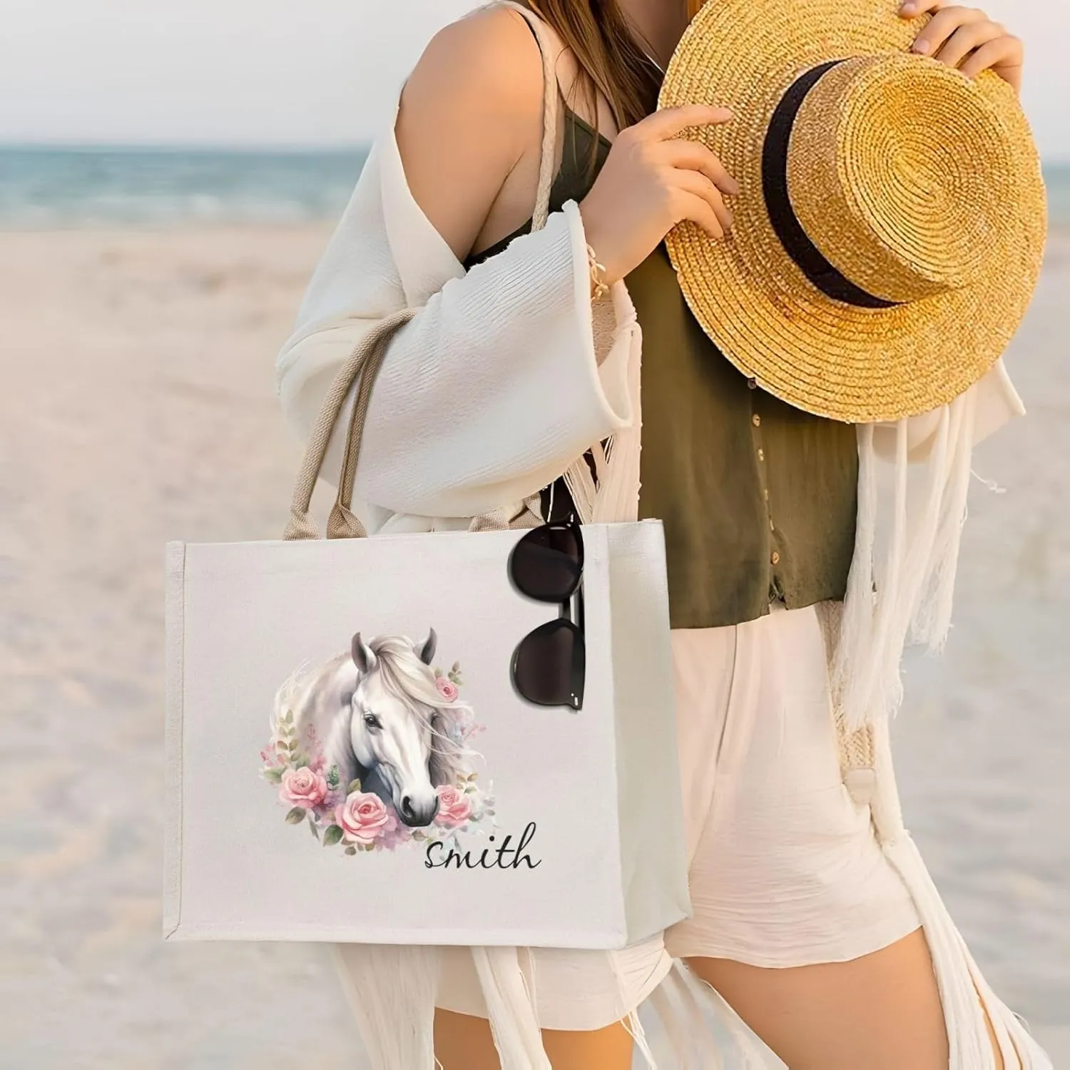 Personalized Canvas Beach Tote Bags for Shopping Travel, Birthday Bridesmaid Christmas Gifts for Women