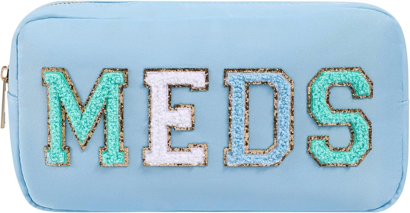 Personalized Chenille Letter Patch MEDS Bag,Cute Nylon Drug Medicine Travel Makeup Bag with Zipper, Preppy Vitamin Organizer Bag for Women and Girls (05Light Blue)