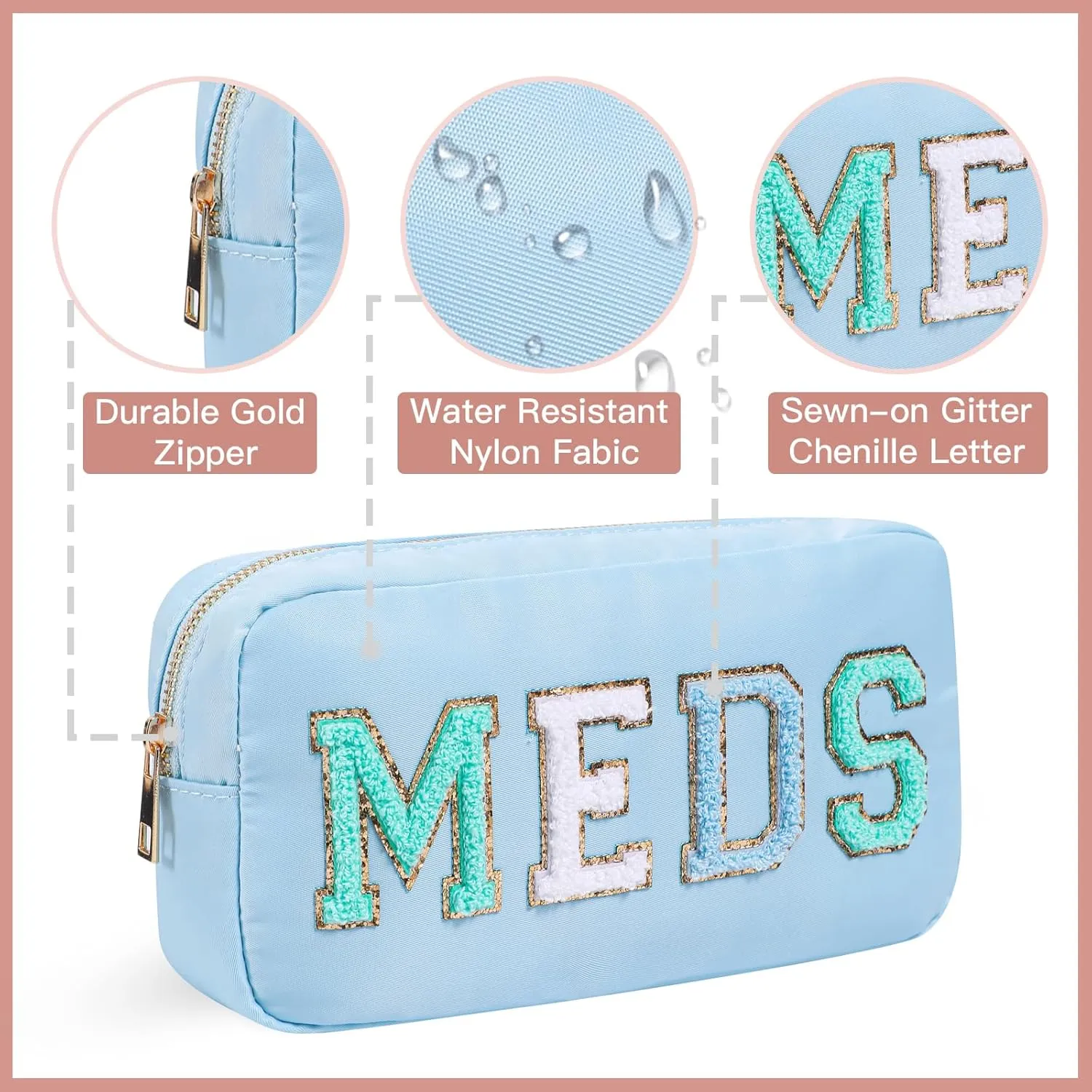 Personalized Chenille Letter Patch MEDS Bag,Cute Nylon Drug Medicine Travel Makeup Bag with Zipper, Preppy Vitamin Organizer Bag for Women and Girls (05Light Blue)