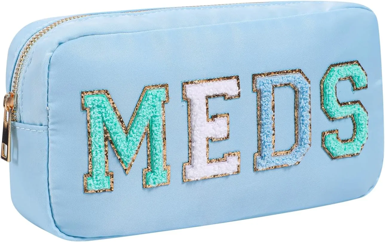 Personalized Chenille Letter Patch MEDS Bag,Cute Nylon Drug Medicine Travel Makeup Bag with Zipper, Preppy Vitamin Organizer Bag for Women and Girls (05Light Blue)