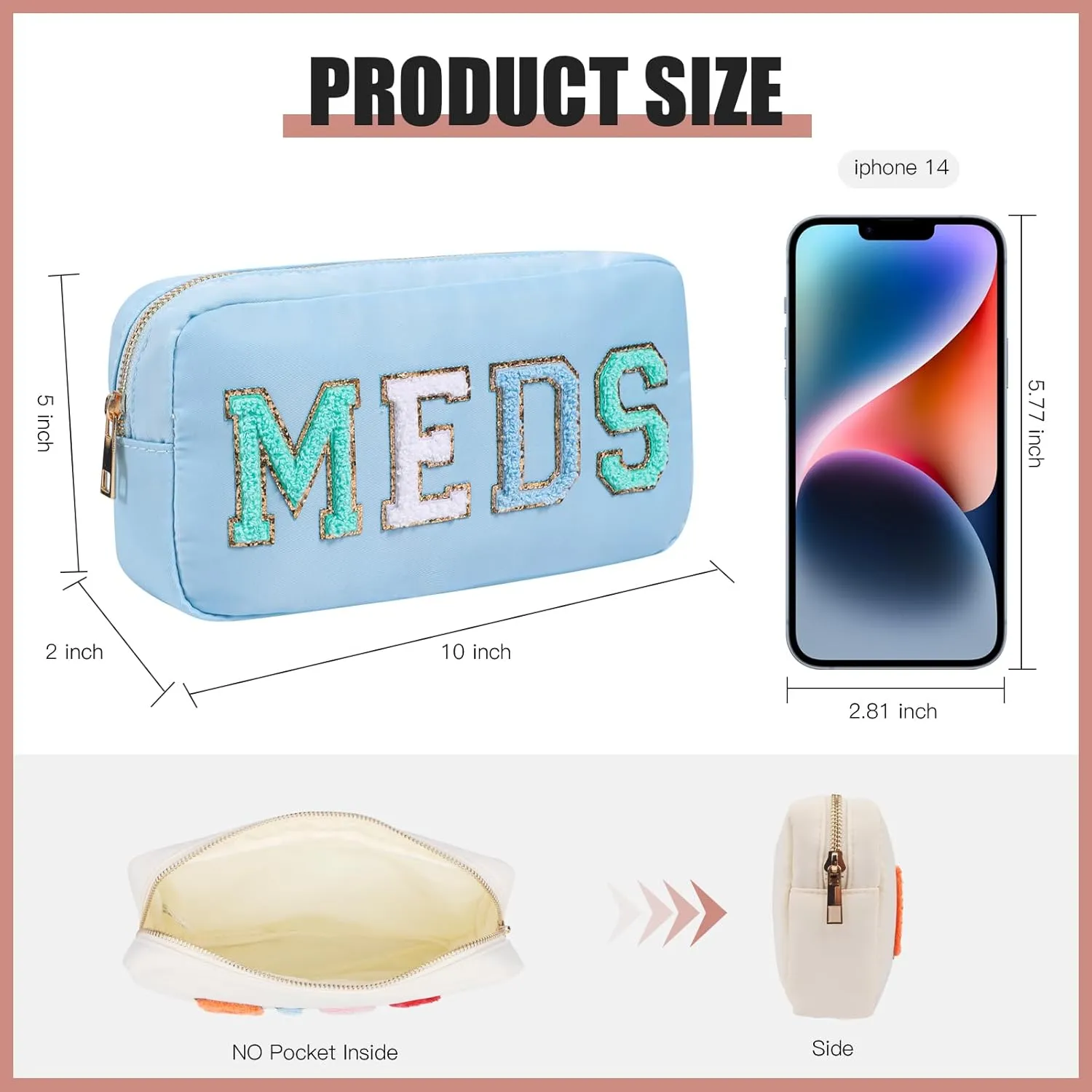Personalized Chenille Letter Patch MEDS Bag,Cute Nylon Drug Medicine Travel Makeup Bag with Zipper, Preppy Vitamin Organizer Bag for Women and Girls (05Light Blue)