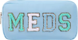 Personalized Chenille Letter Patch MEDS Bag,Cute Nylon Drug Medicine Travel Makeup Bag with Zipper, Preppy Vitamin Organizer Bag for Women and Girls (05Light Blue)