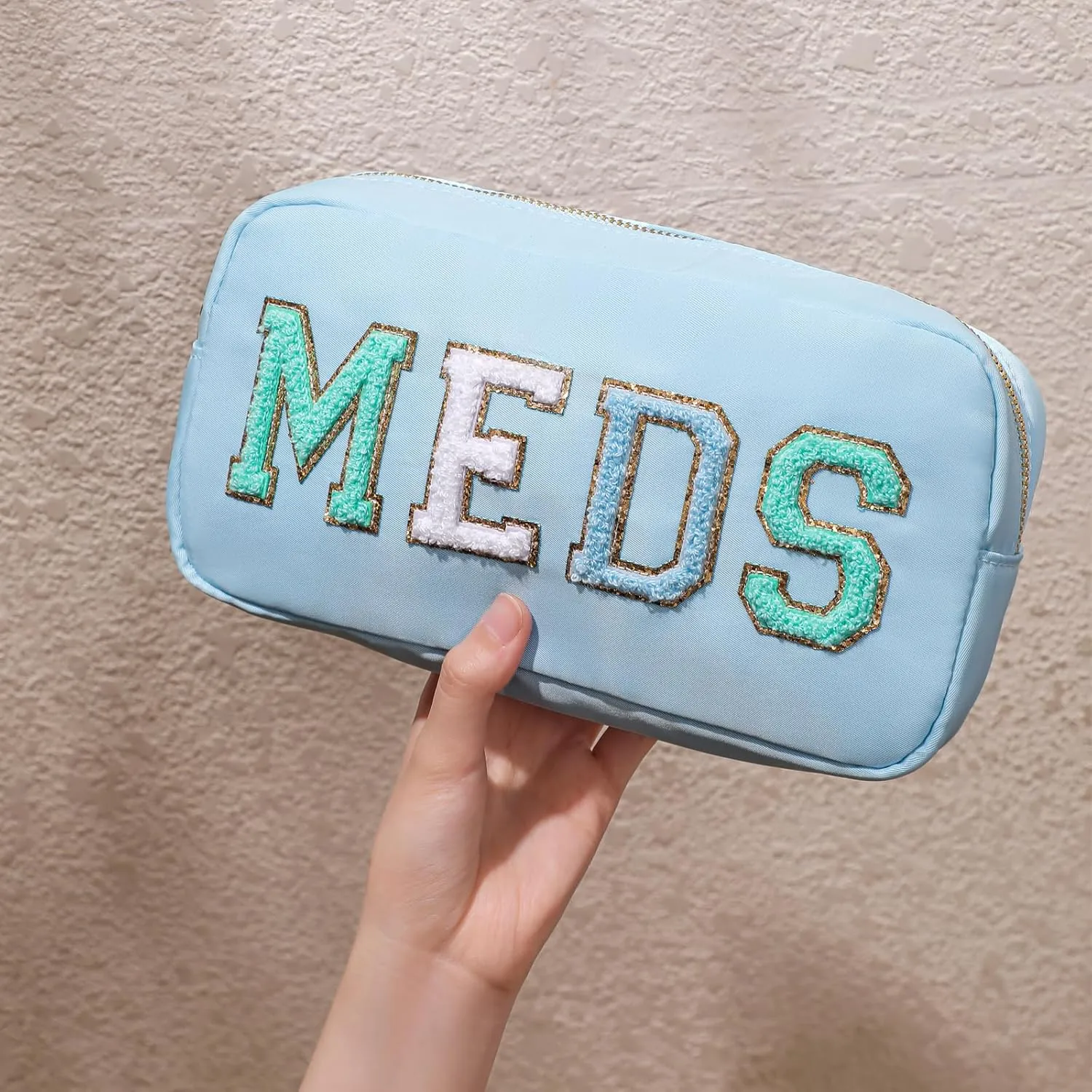Personalized Chenille Letter Patch MEDS Bag,Cute Nylon Drug Medicine Travel Makeup Bag with Zipper, Preppy Vitamin Organizer Bag for Women and Girls (05Light Blue)