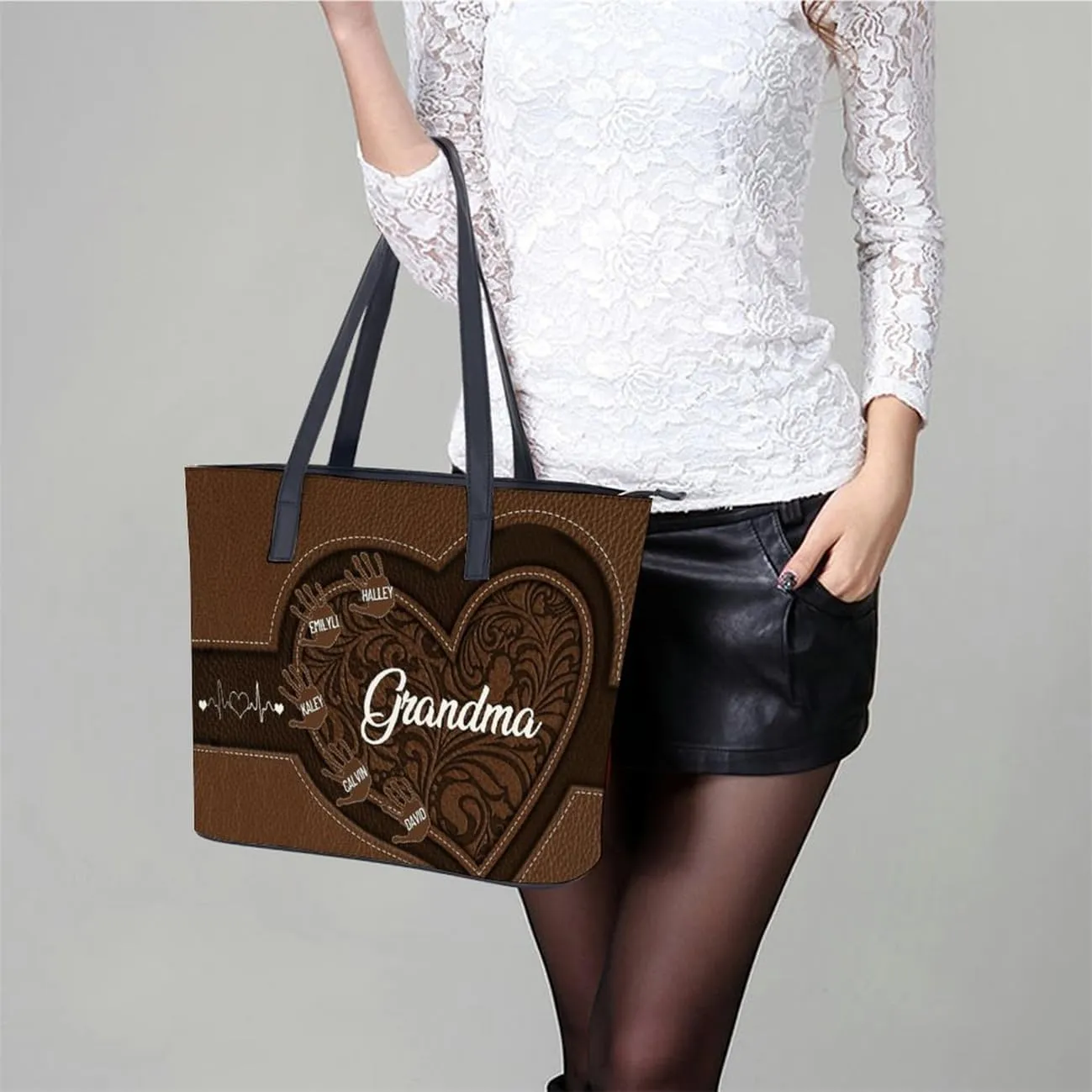 Personalized Grandma Single Shoulder Bag Custom Name Grandmother Leather Handbag Loving Gift For Grandma Mom Birthday